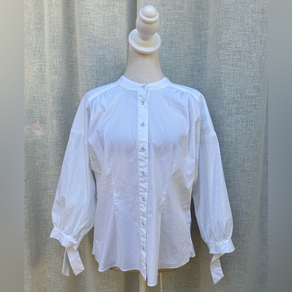 Donna Karan white button down balloon tie sleeve blouse